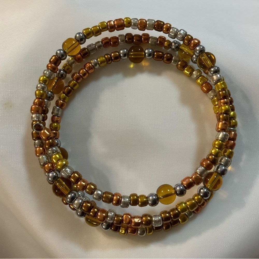 Hand Crafted Wrap Bracelet Amber Copper Gold Bronze Silver Seed Beads Coil - Picture 5 of 7